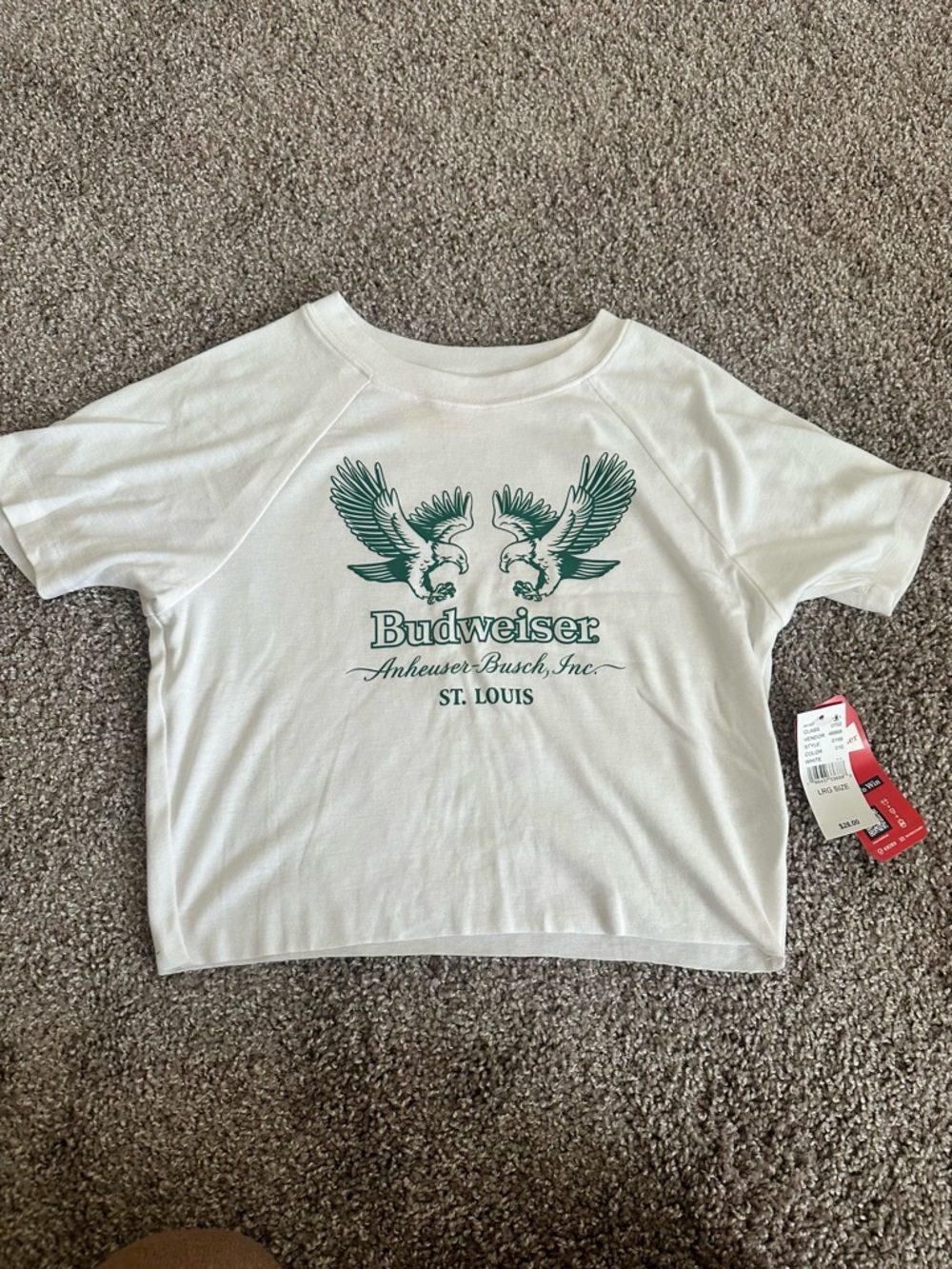 Budweiser White Short Sleeve Tee with Green Eagle Graphic